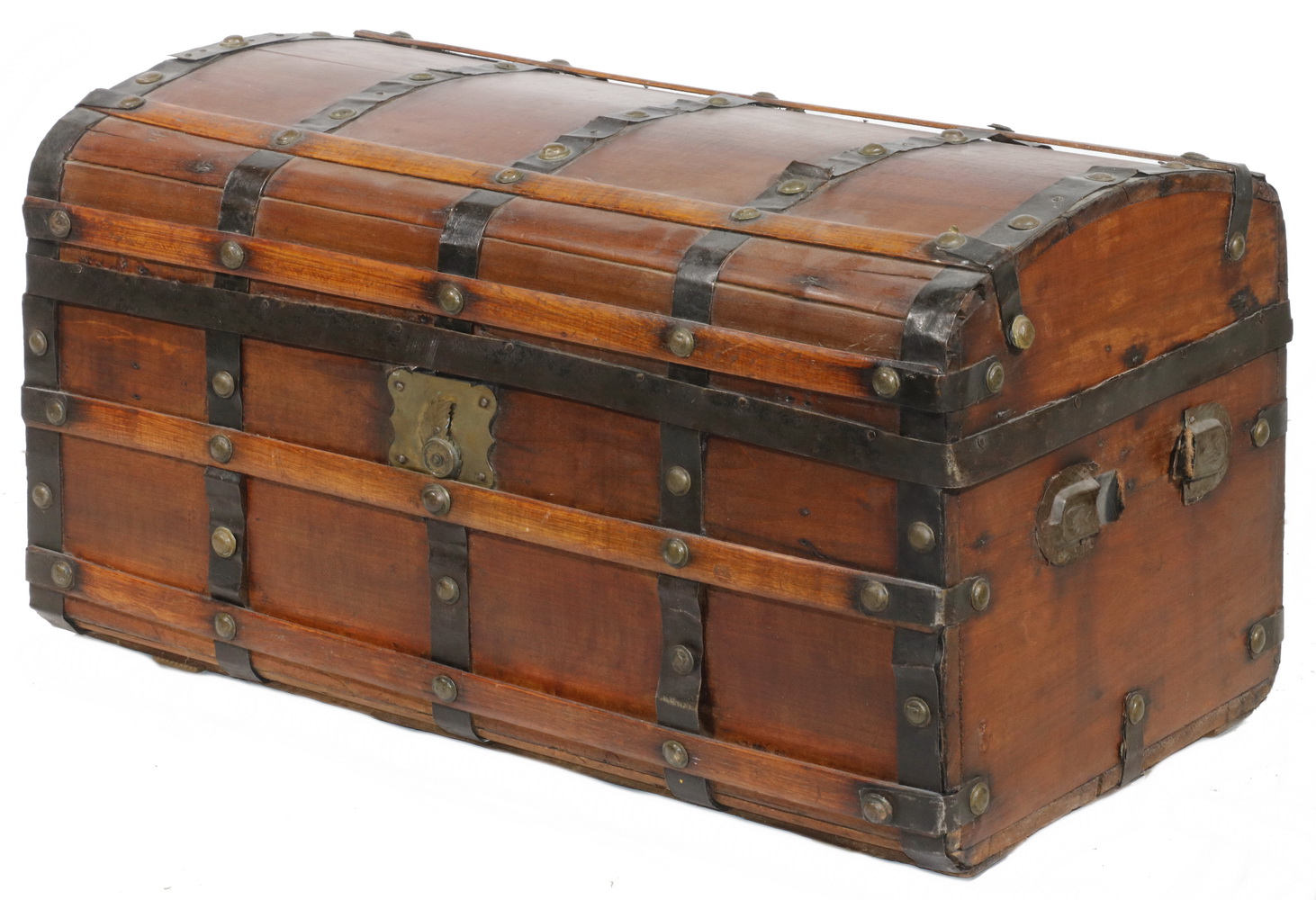 Appraisal: REFINISHED DOME TRUNK Refinished iron strap and brass tacked dome