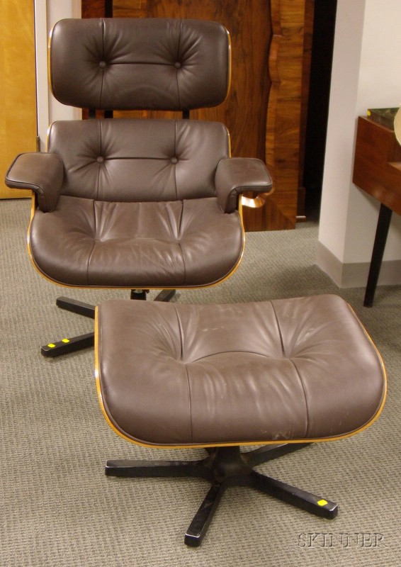 Appraisal: Eames-style Brown Leather Upholstered Laminated Wood Lounge Chair and Ottoman