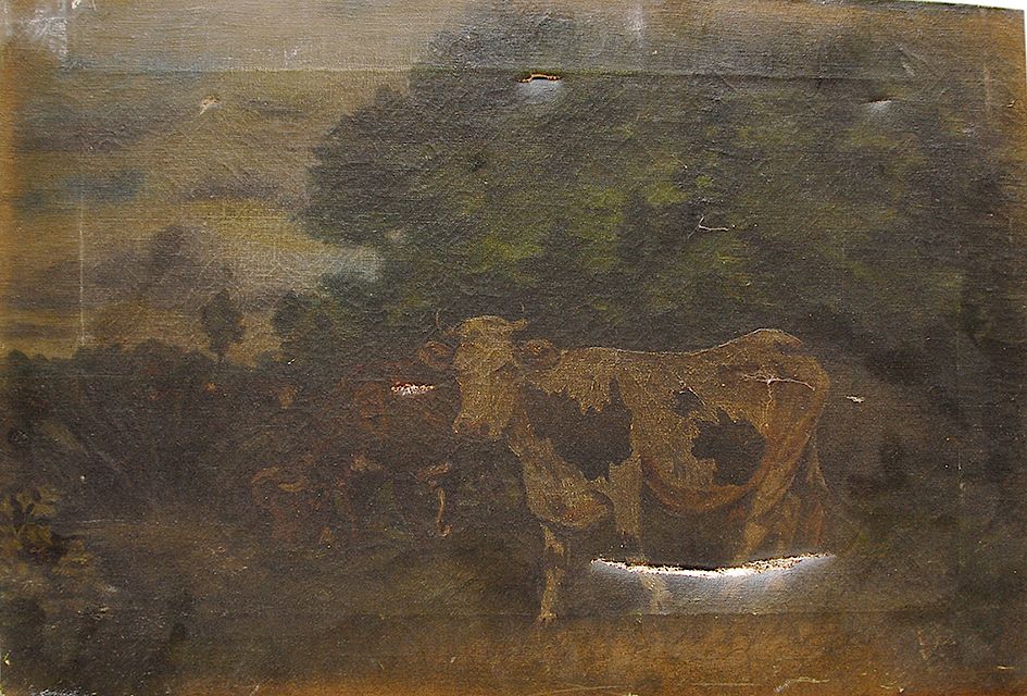 Appraisal: 's Folk Art Oil on Canvas Cow Painting 's Folk