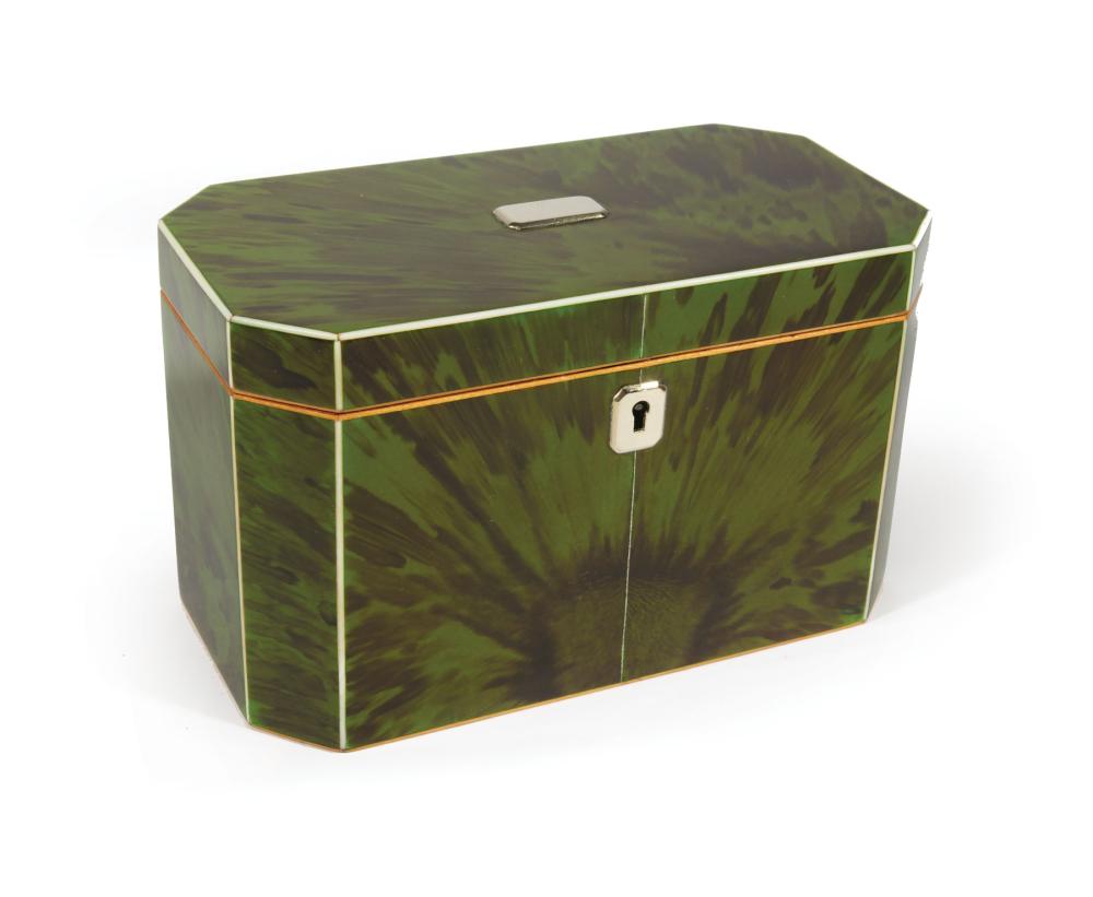 Appraisal: Regency Green-Tinted Tortoiseshell Tea Caddy th c canted corners interior