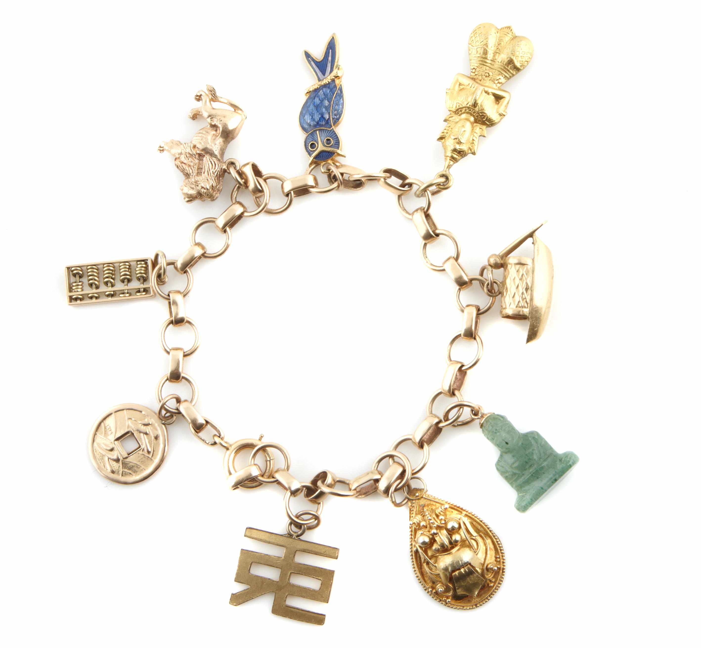 Appraisal: An enamel greenstone and gold charm bracelet including charms of