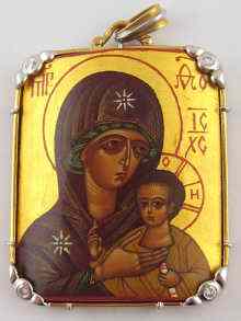 Appraisal: A hand painted Russian icon in a yellow and white