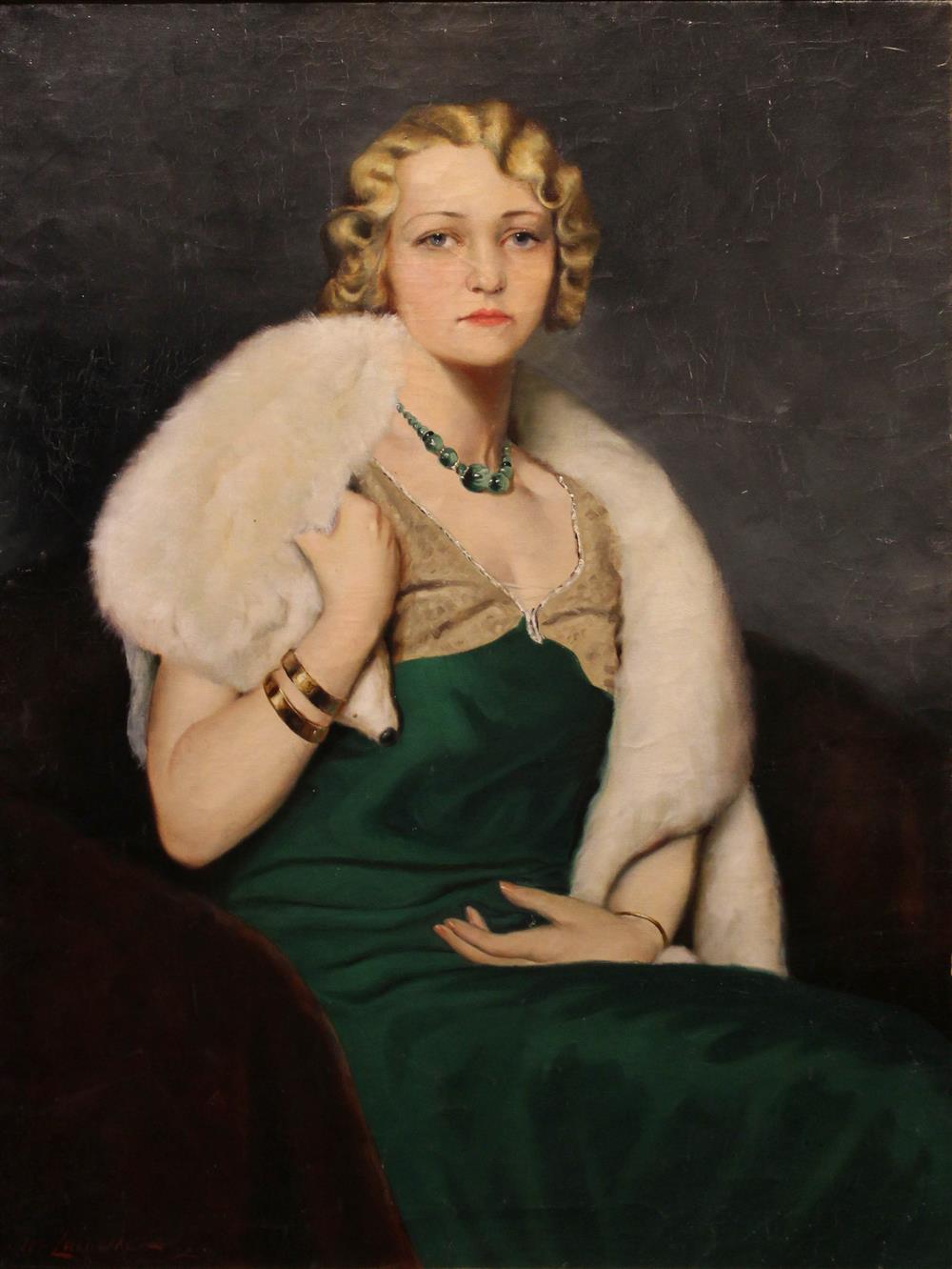 Appraisal: PORTRAIT OF A WOMAN WITH GREEN DRESS AND FOX FUR