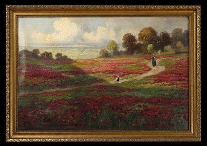 Appraisal: WOMAN WALKING THROUGH A FIELD OF RED FLOWERS Oil on