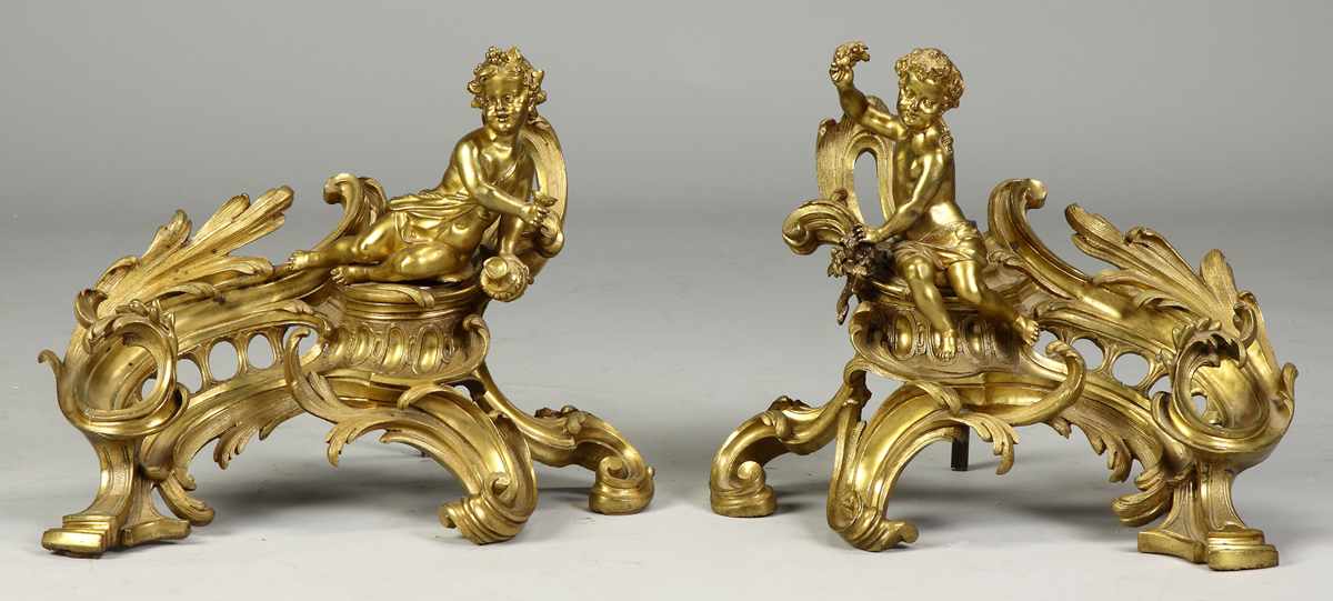 Appraisal: Pair of Bronze Cherub Chenets th cent Condition Original patina