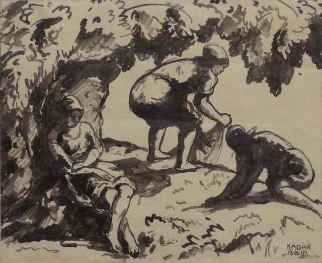 Appraisal: KADAR Bela Ink Wash Three Women Washing Clothesin Riverbank Bela