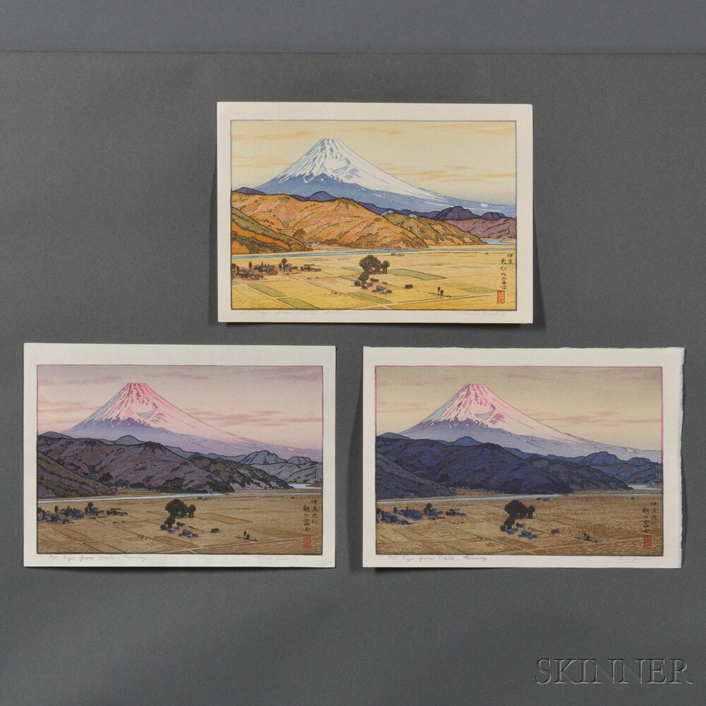 Appraisal: Toshi Yoshida - Three Color Woodblock Prints Japan Mt Fuji