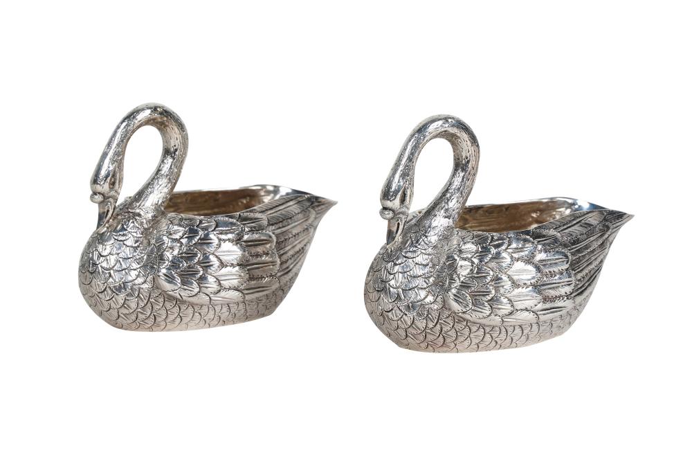 Appraisal: PAIR OF VICTORIAN STERLING SWAN-FORM BOWLSLondon maker's mark H H