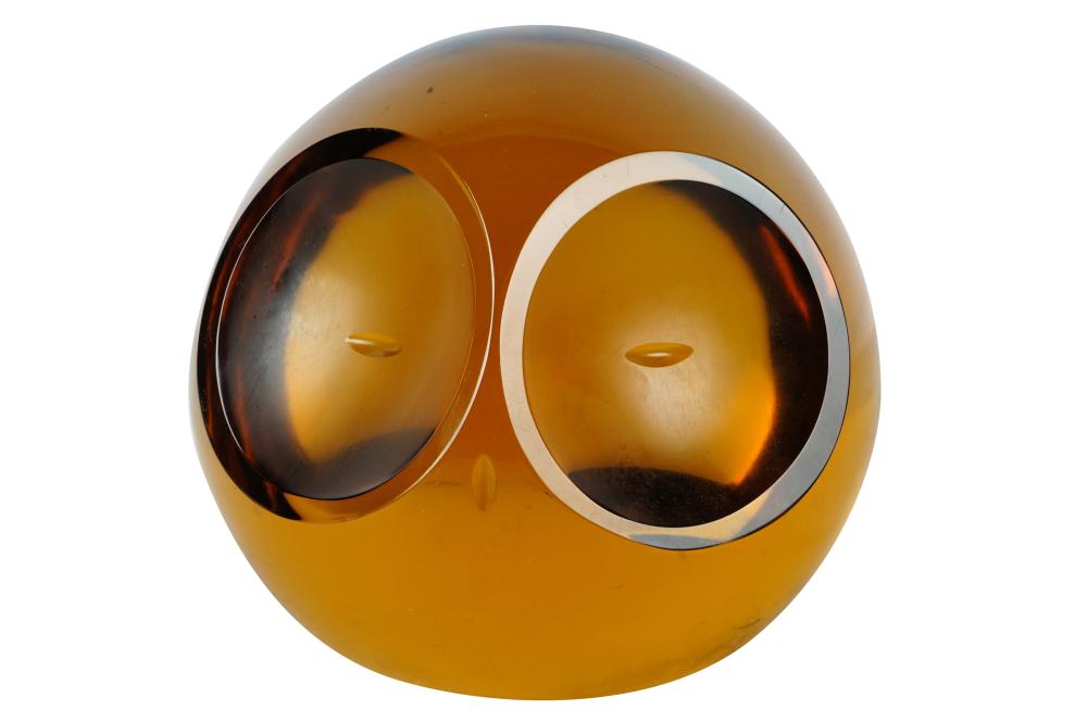 Appraisal: MOLDED AMBER GLASS OWL SCULPTUREunsigned Condition scratches inches diameter inches