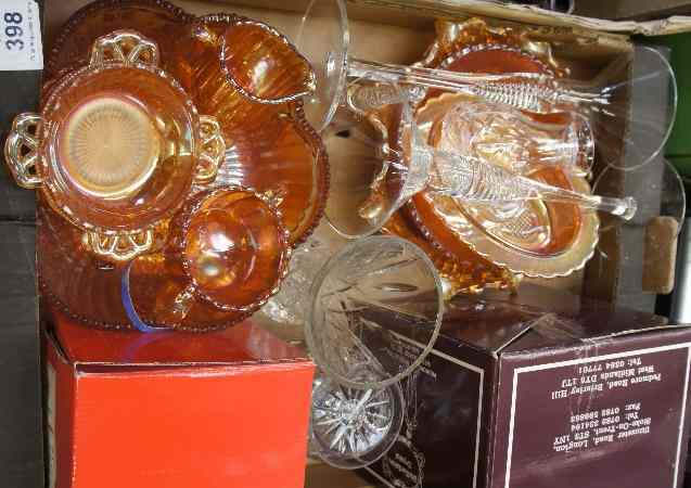 Appraisal: Tray of Amber Carnival Glassware Candlesticks Crystal Bowls Vases etc