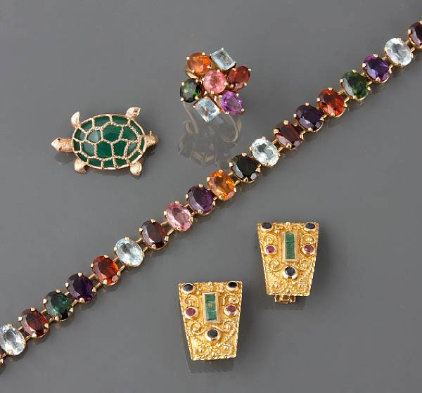 Appraisal: A collection of gem-set and gold jewelry featuring a multi-gem-set