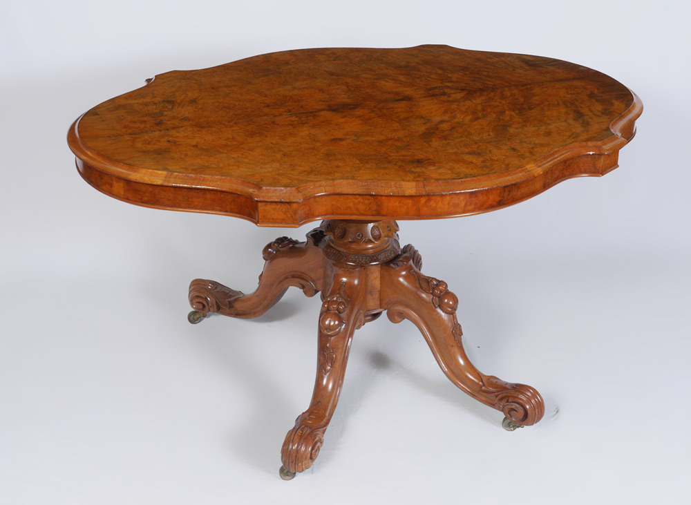 Appraisal: BURL WOOD LOO TILT TOP TABLE Turtle top loo or