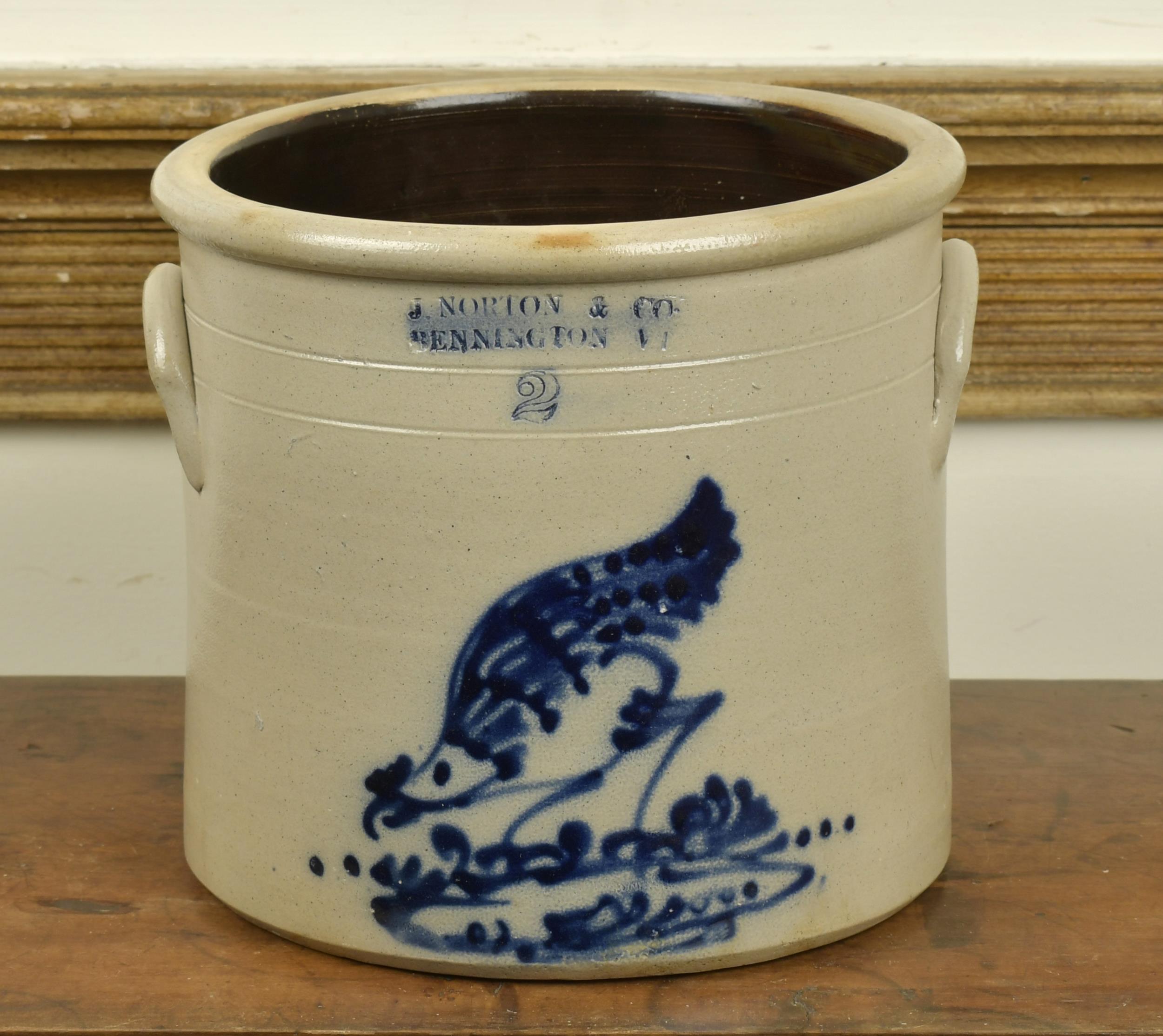 Appraisal: GAL NORTON BENNINGTON CROCK CHICKEN Two gallon stoneware crock stamped