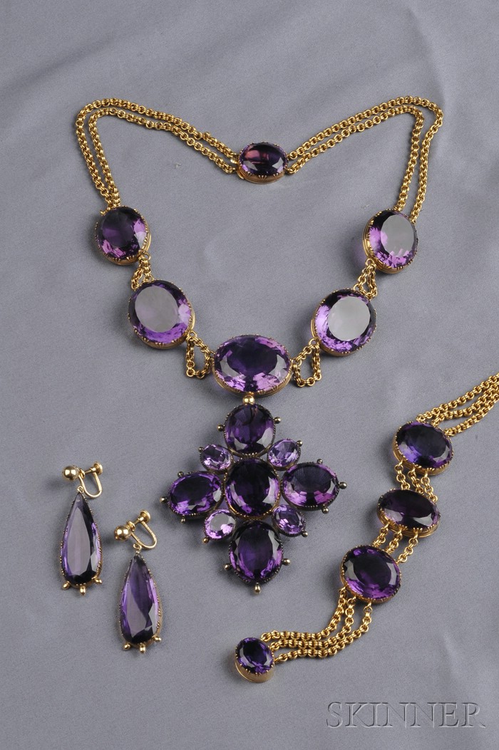 Appraisal: Antique Gold and Amethyst Suite the necklace bezel-set with five