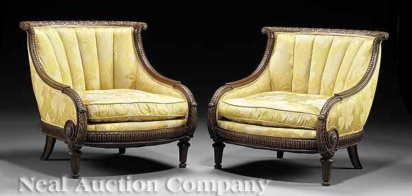 Appraisal: A Pair of Louis XVI-Style Finely Carved and Yellow Damask