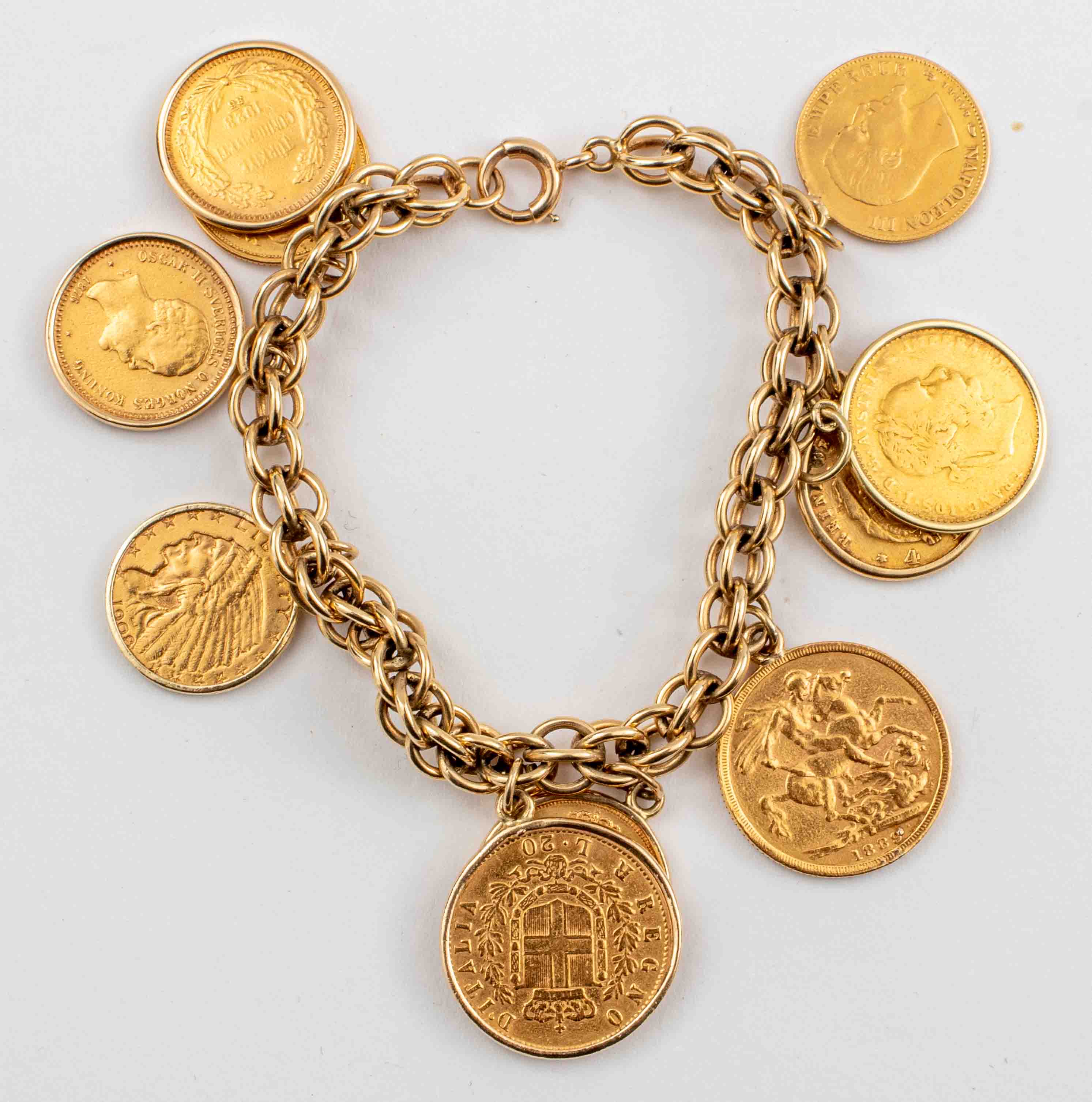 Appraisal: ANTIQUE K K YELLOW GOLD COIN CHARM BRACELET Antique K