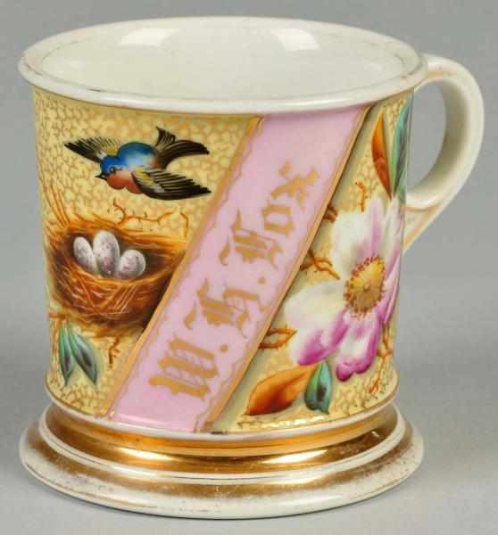 Appraisal: Bluebird Nest with Eggs Shaving Mug Description Gilt name W