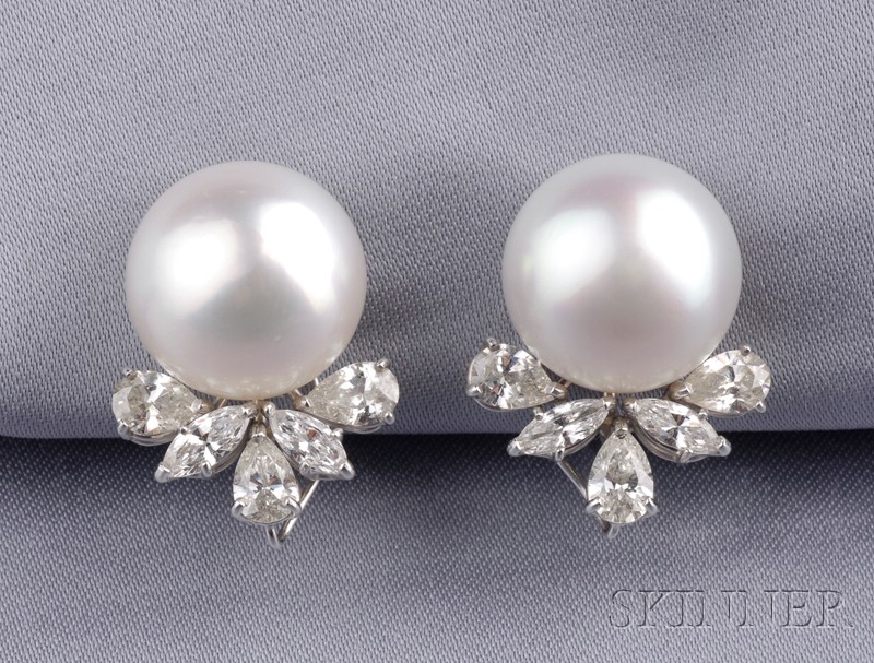 Appraisal: Platinum South Sea Pearl and Diamond Earclips each set with