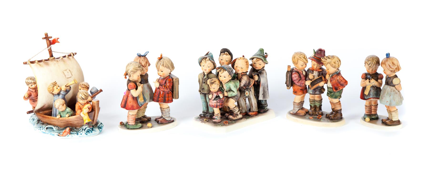 Appraisal: FIVE LARGE HUMMEL FIGURINES Germany th century Hand painted porcelain