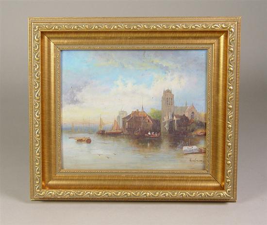 Appraisal: Oil on Panel Late 's Church and seaside village Signed