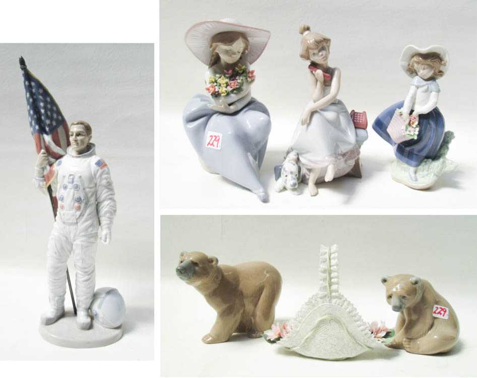 Appraisal: SEVEN LLADRO PORCELAIN FIGURINES The Apollo Landing retired Pretty Pickings