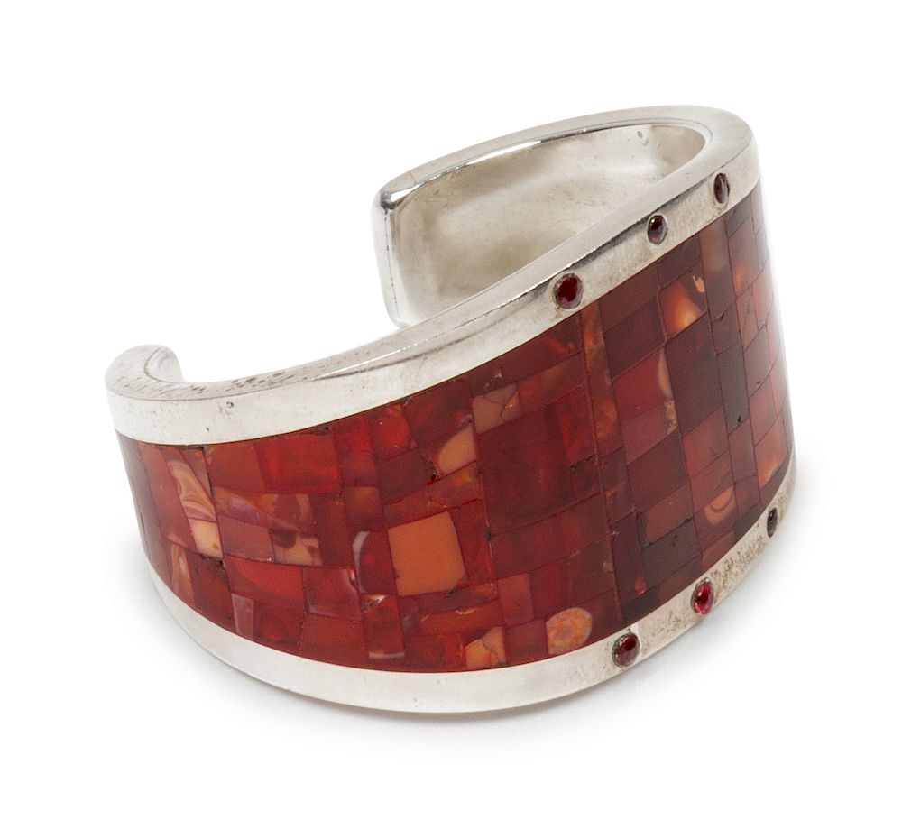 Appraisal: Colin Coonsis Zuni b Silver cuff bracelet with spiny oyster