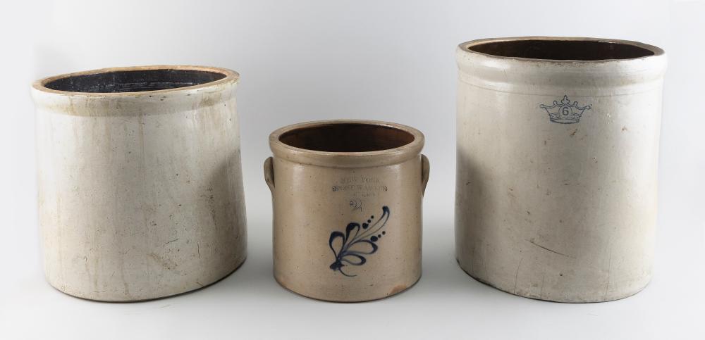 Appraisal: THREE STONEWARE POTS MID- TH CENTURYTHREE STONEWARE POTS Mid- th