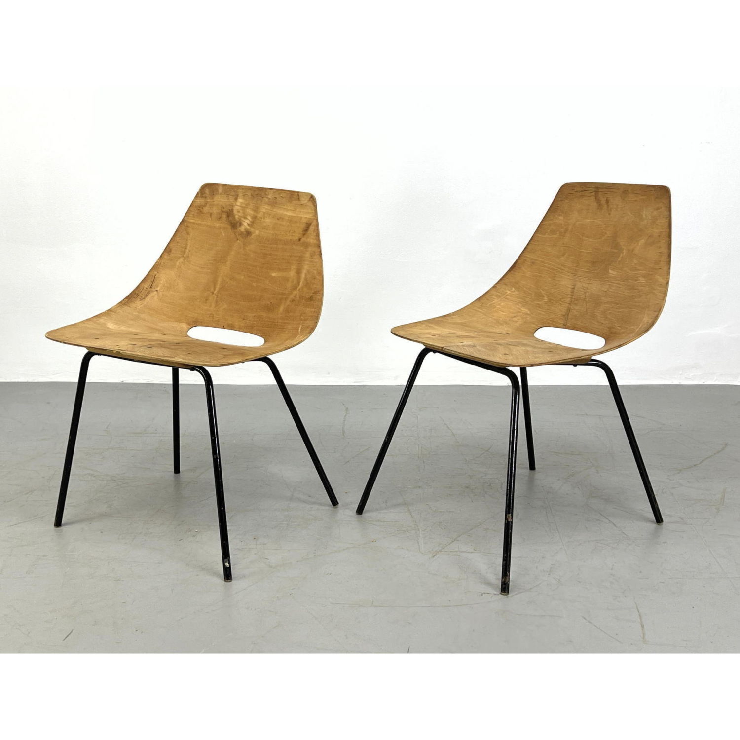 Appraisal: Pair PIERRE GUARICHE Tonneau Chairs Molded wood Dimensions H inches