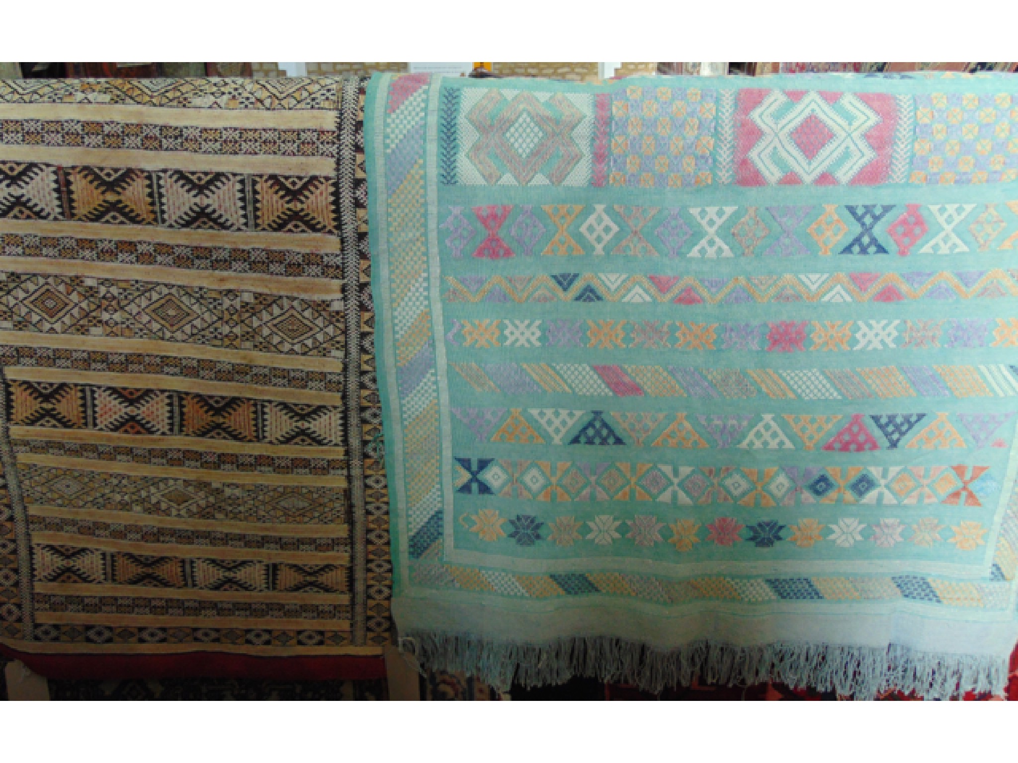 Appraisal: Two hand worked Kilim panels with geometric detail x cm