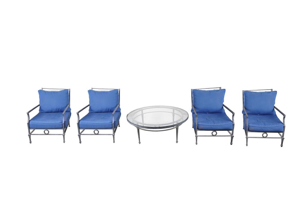 Appraisal: FIVE-PIECE PATIO SETcomprising four armchairs and a round glass-inset table