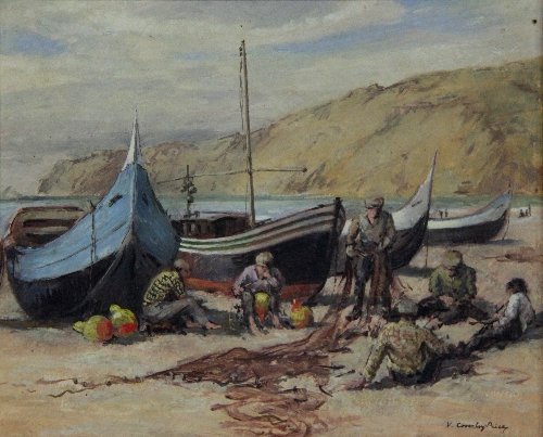 Appraisal: V Coverley-Price Portuguese Fishermen at Nazare signed oil on panel