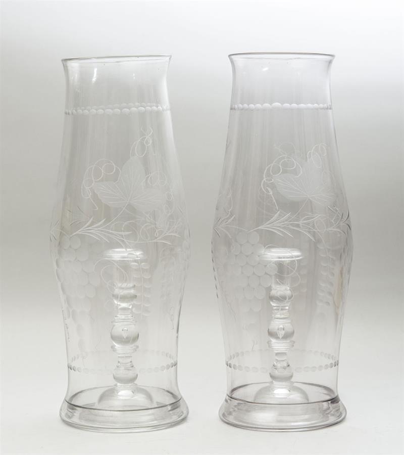 Appraisal: PAIR OF ENGLISH ETCHED GLASS HURRICANE SHADES AND A PAIR