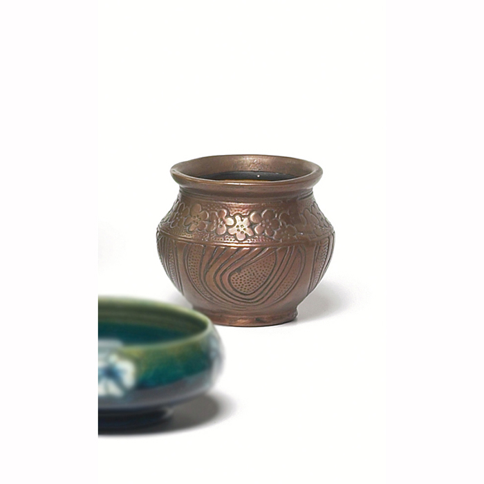 Appraisal: Clewell vase attribution copper-clad pottery unusual incised design original patina