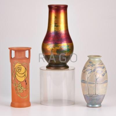 Appraisal: WELLER Three vases Gray Scenic etched mat on orange ground