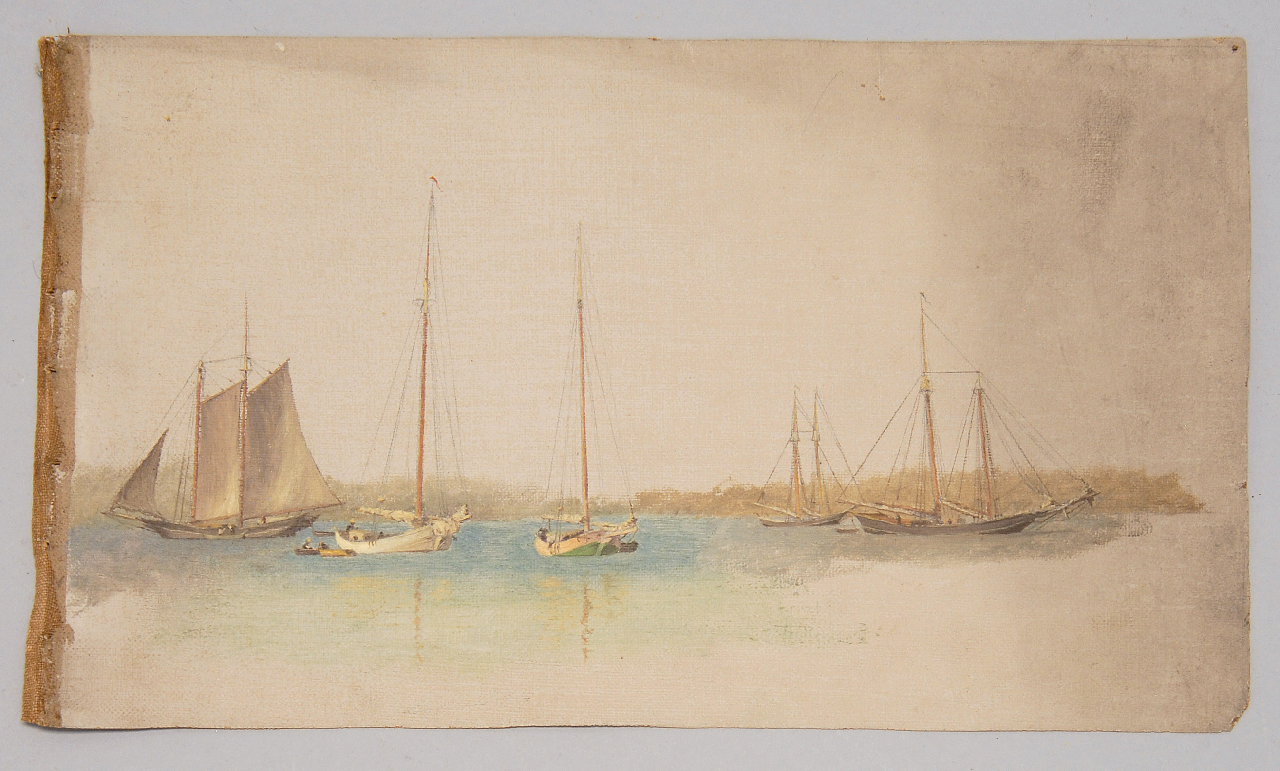 Appraisal: UNFRAMED PAINTING ARTIST UNKNOWN Depicting ships moored in a harbor