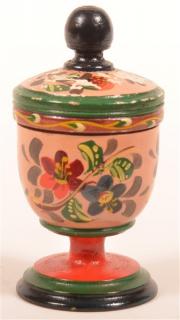 Appraisal: Lehnware Wood Covered Saffron Canister Lehnware Turned and Painted Wood