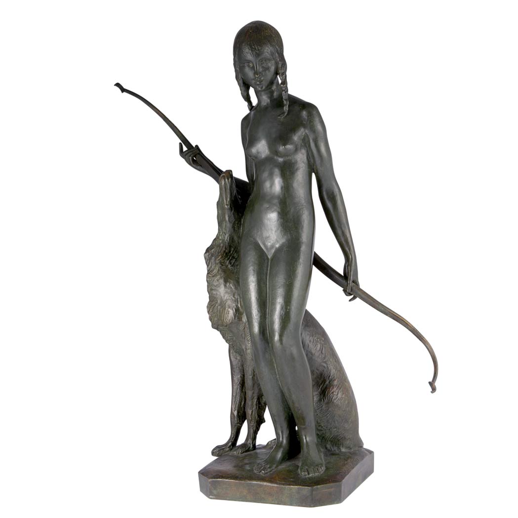 Appraisal: Art Deco Verdigris Patinated-Bronze Figural Group of Diana the Huntress