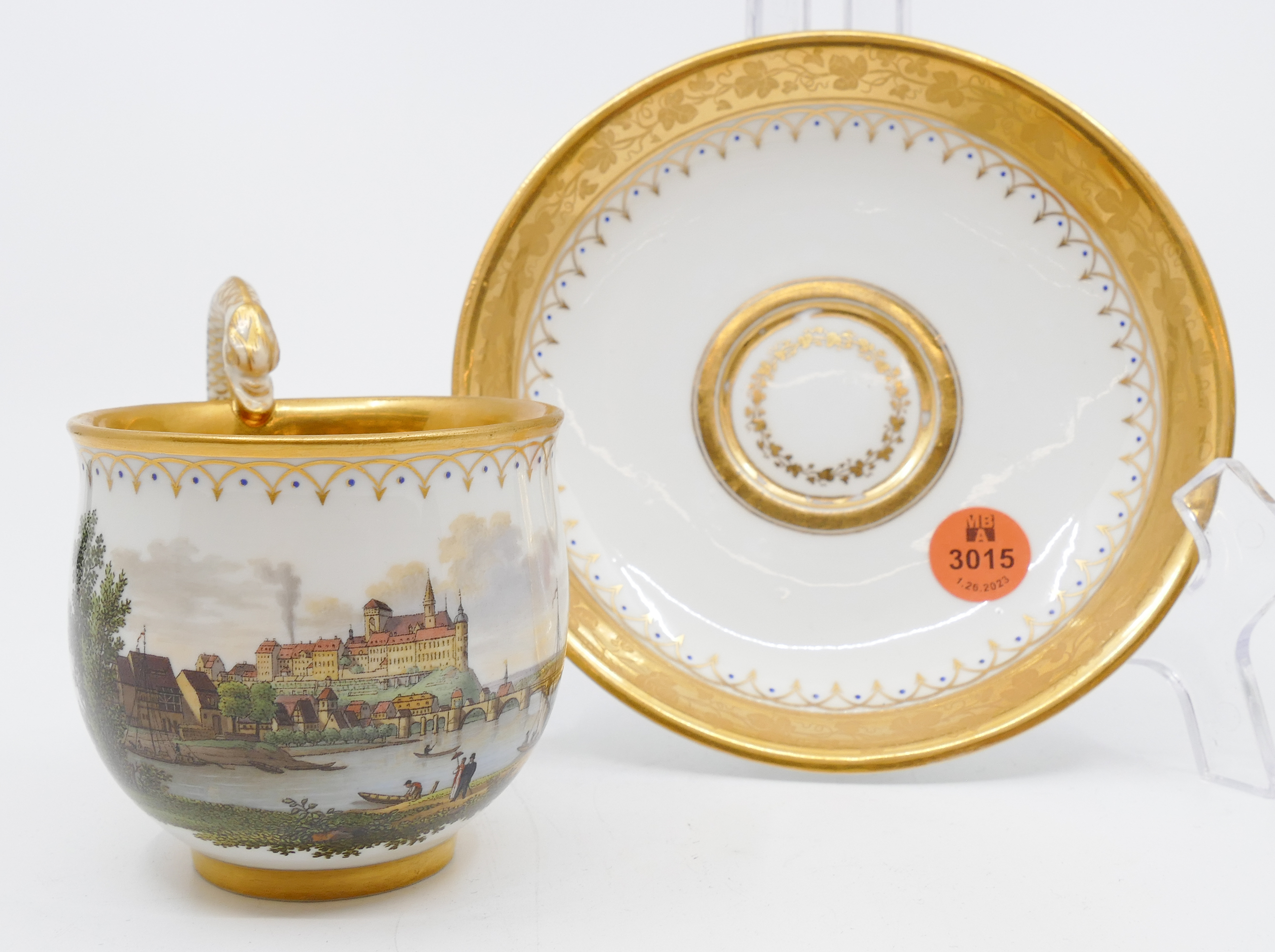 Appraisal: Meissen 'View of Meissen' Pictorial Cup Saucer Gilt interior and