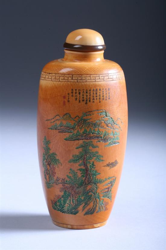 Appraisal: LARGE CHINESE IVORY SNUFF BOTTLE Incised with figures in mountainous