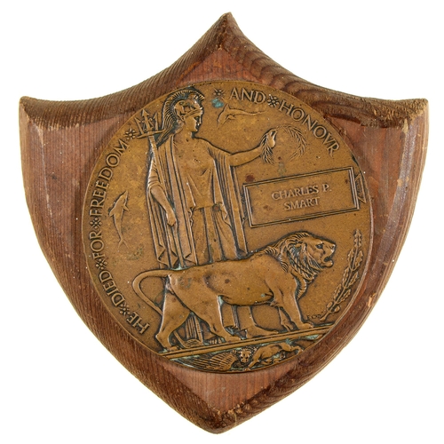 Appraisal: WWI Memorial Plaque Charles P Smart mounted on wood shield