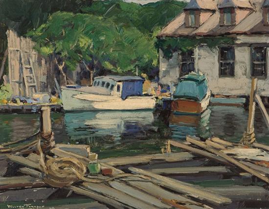 Appraisal: WALTER FARNDON American - Boats in a Harbor oil on