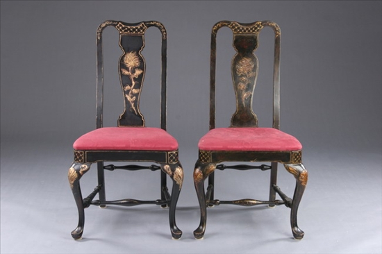 Appraisal: PAIR QUEEN ANNE STYLE JAPANNED AND PAINTED SIDE CHAIRS th