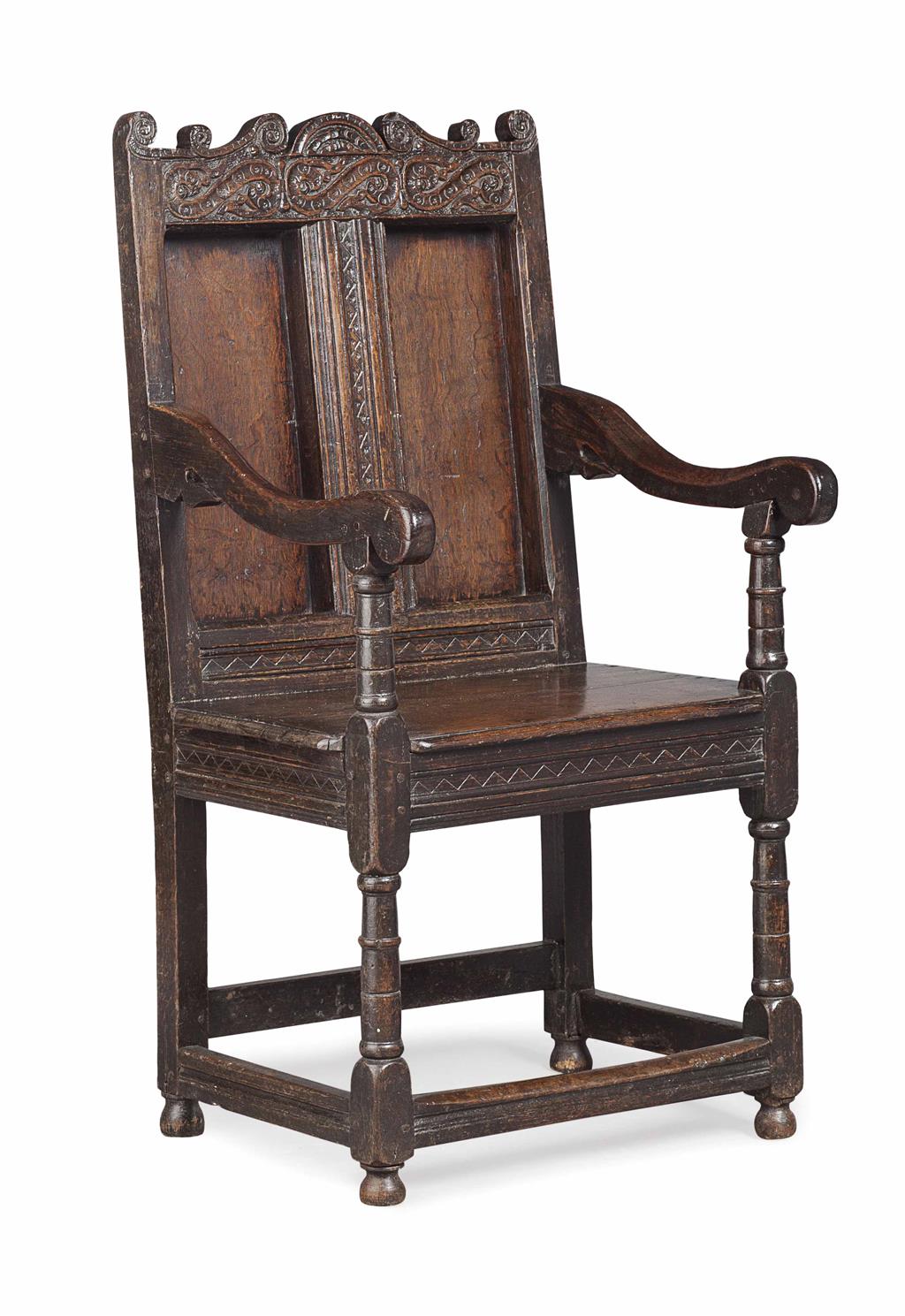 Appraisal: CHARLES II OAK ARMCHAIR TH CENTURY the scroll carved crest