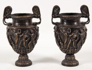 Appraisal: PAIR OF FRENCH RESTORATION STYLE BRONZE URNS HAVING EMBOSSED FRIEZE