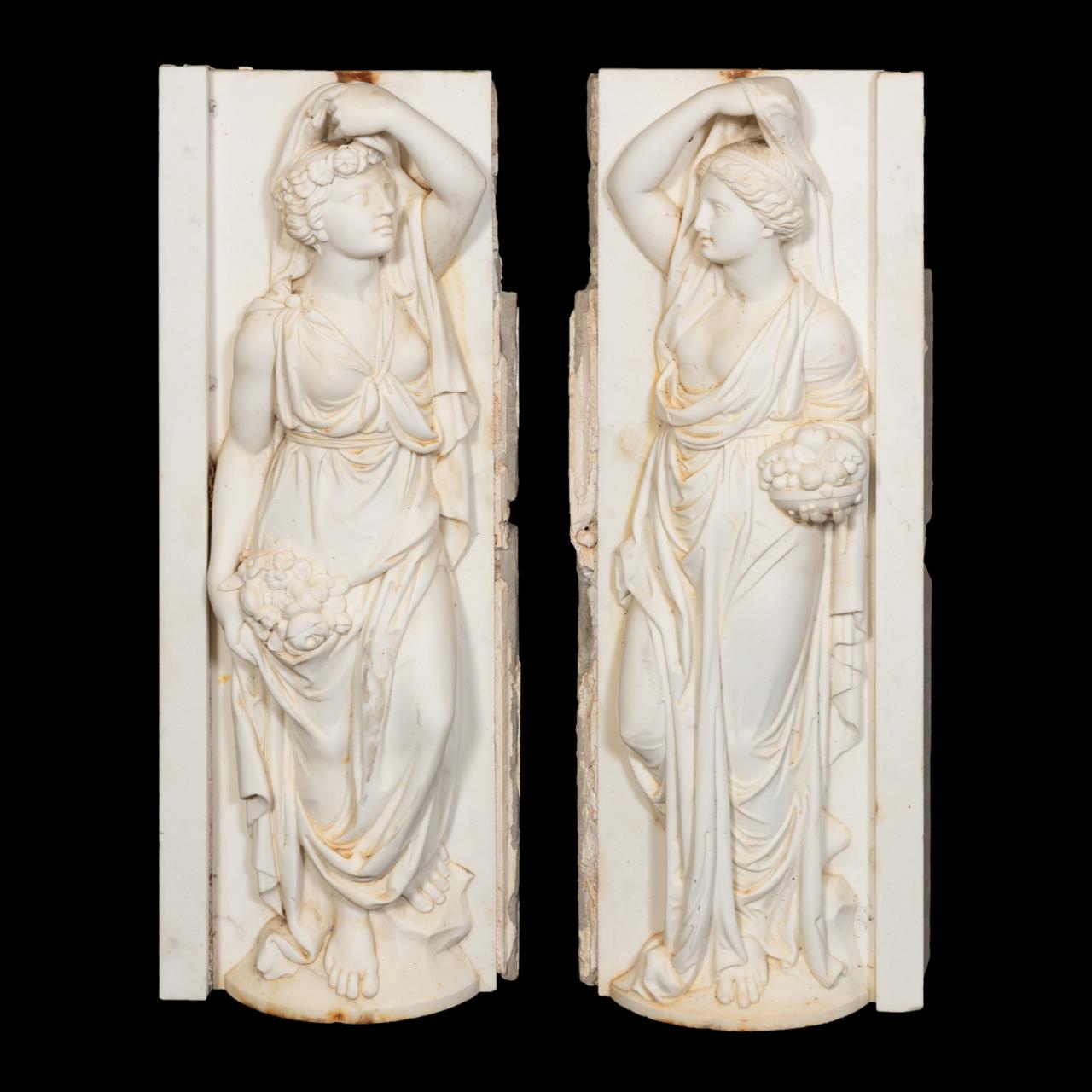 Appraisal: PAIR NEOCLASSICAL MARBLE FEMALE CARYATID PANELS Pair of carved white