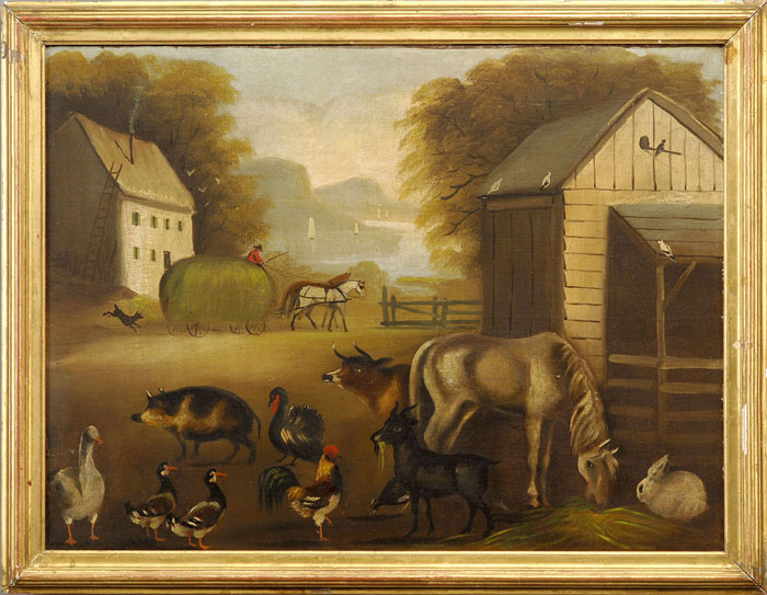 Appraisal: PRIMITIVE FARMYARD SCENE WITH RIVER Oil on canvas mounted to