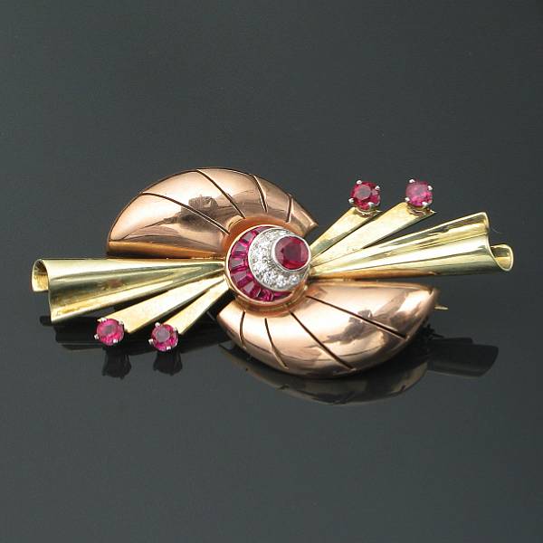 Appraisal: A Retro ruby diamond and two-toned k gold brooch nature