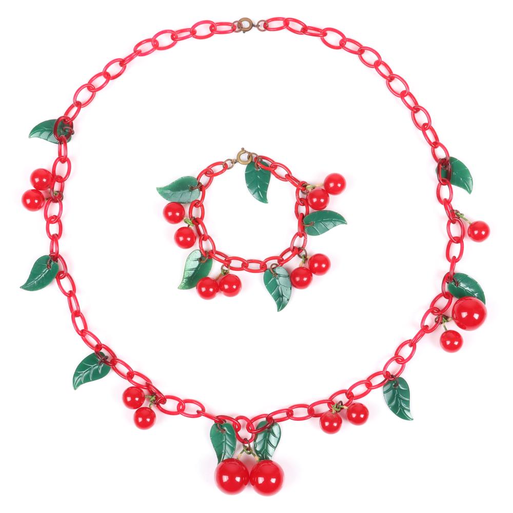 Appraisal: BAKELITE DANGLING CHERRY FRUIT CHARM NECKLACE AND BRACELET WITH GREEN