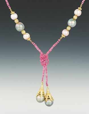 Appraisal: A Ladies' Pearl Diamond and Pink Tourmaline Lariat Necklace Lariat