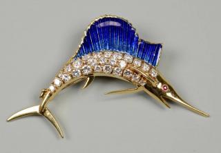 Appraisal: k Enamel Diamond Marlin Brooch k diamond blue enamel marlin